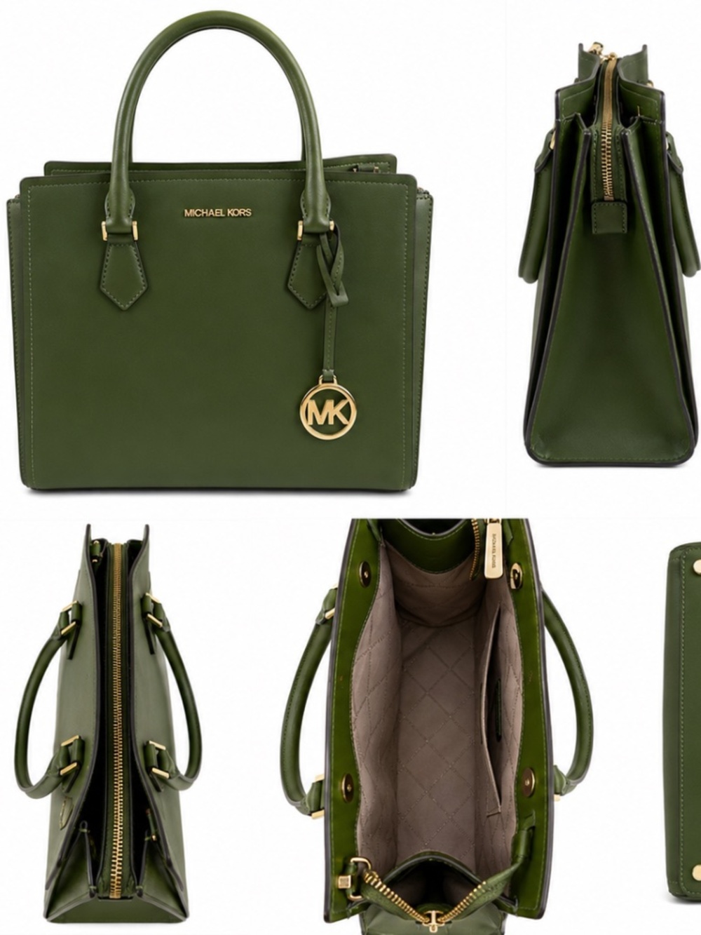 Michael Kors Olive Green Structured Satchel Tote Bag Gold Hardware
